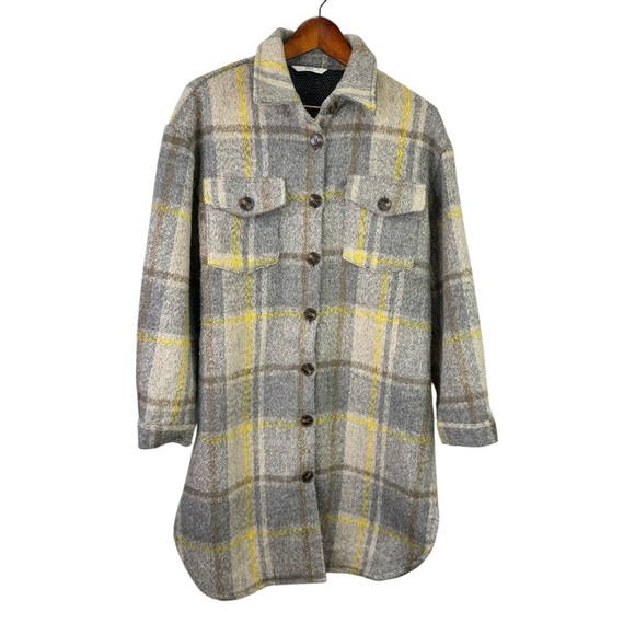 Only Wool-Blend Grey Yellow Plaid Long Shacket Size Medium - Picture 5 of 16